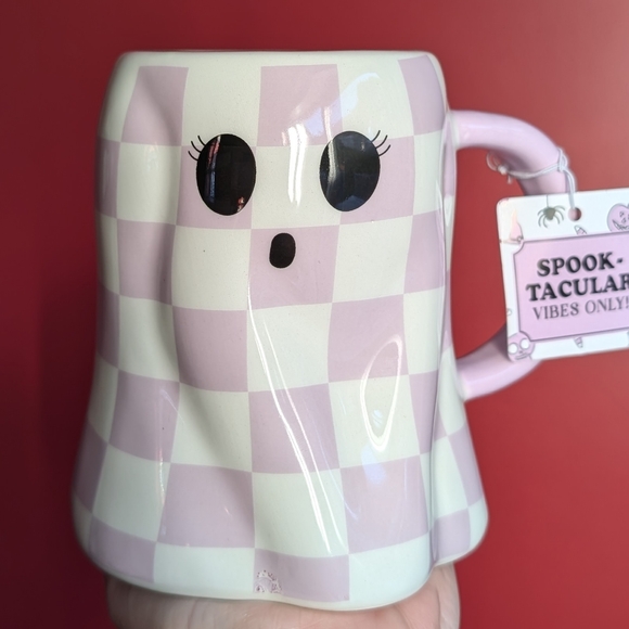 Rae Dunn Other - ❌SOLD❌Viral 🎥 Girl Ghost Pinkoween Sculpted Mug with Purple Check Pattern